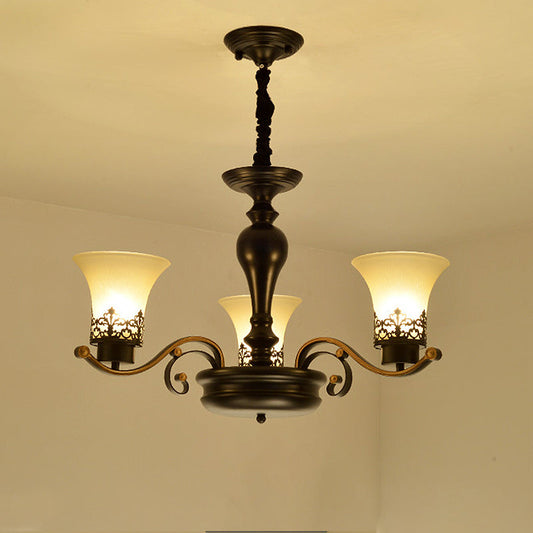 Traditional Bell Frosted Glass Chandelier Pendant Light For Living Room - Black 3/6/8 Lights 3 /