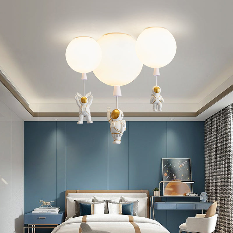 Kids Astronaut and Balloon Ceiling Light – White 1-Bulb Flush Mount with Acrylic Shade