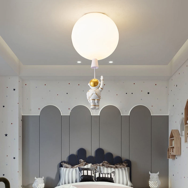 Kids Astronaut and Balloon Ceiling Light – White 1-Bulb Flush Mount with Acrylic Shade