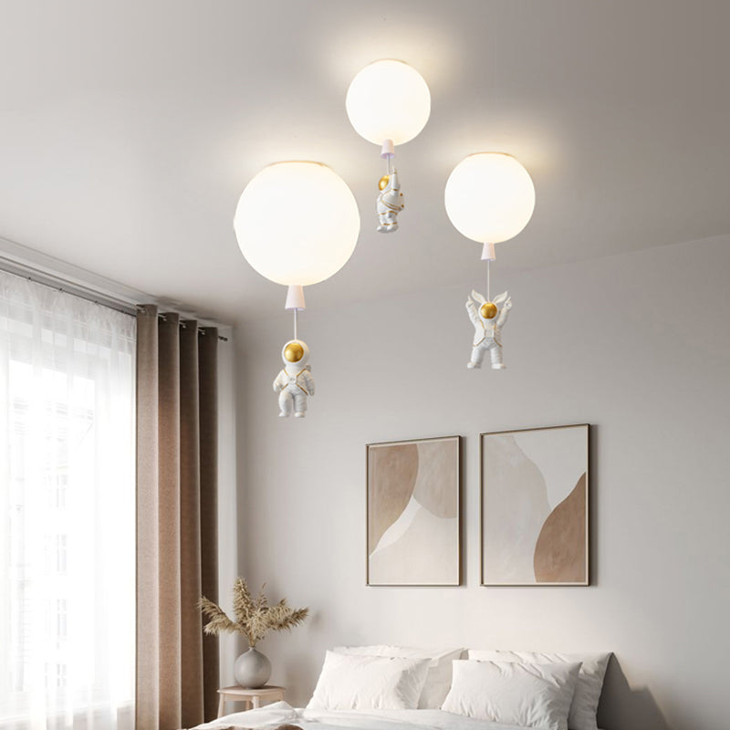 Kids Astronaut and Balloon Ceiling Light – White 1-Bulb Flush Mount with Acrylic Shade