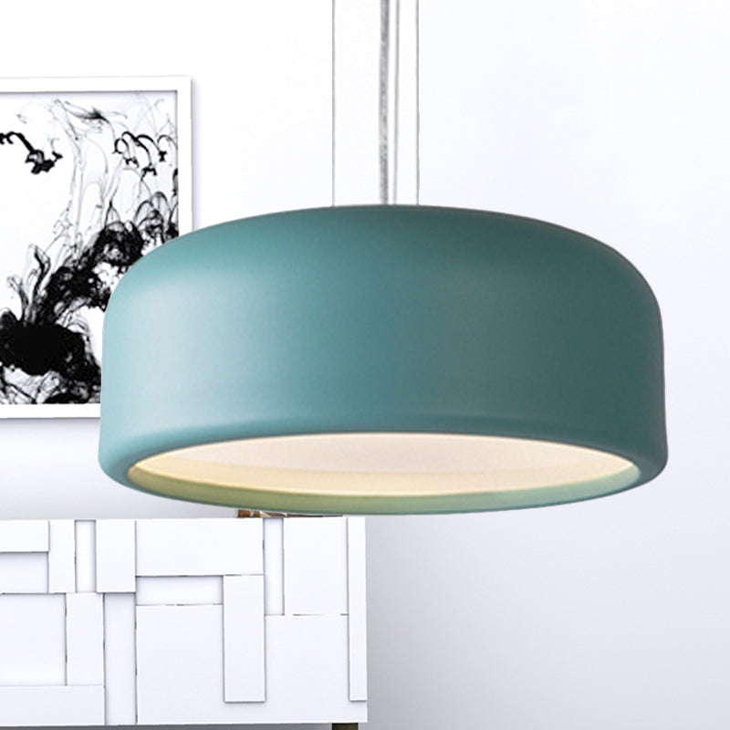 Modernist 1-Light Bedroom Pendant with Drum Metal Shade and Diffuser, 14"/19"/23.5" Wide - Pink/Blue/Green Hanging Light Kit