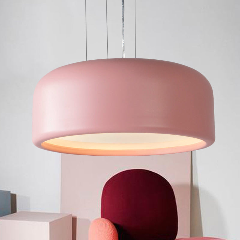 Modernist 1-Light Bedroom Pendant with Drum Metal Shade and Diffuser, 14"/19"/23.5" Wide - Pink/Blue/Green Hanging Light Kit