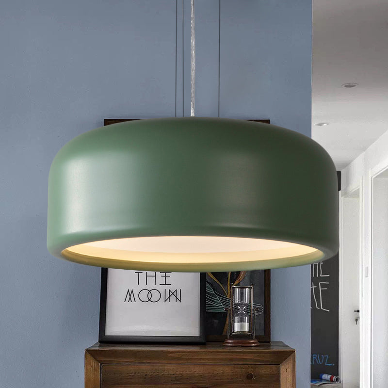 Modernist Metal Drum Pendant In Pink/Blue/Green - 1 Light Bedroom Hanging Kit 14/19/23.5 Wide