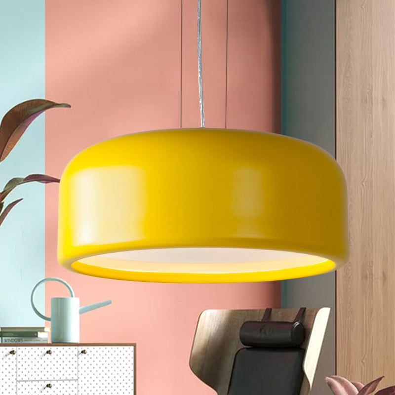 Modernist Metal Drum Pendant In Pink/Blue/Green - 1 Light Bedroom Hanging Kit 14/19/23.5 Wide Yellow