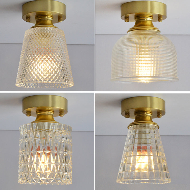 Minimalist Brass 1-Head Ceiling Light with Carved Glass Shade for Corridors