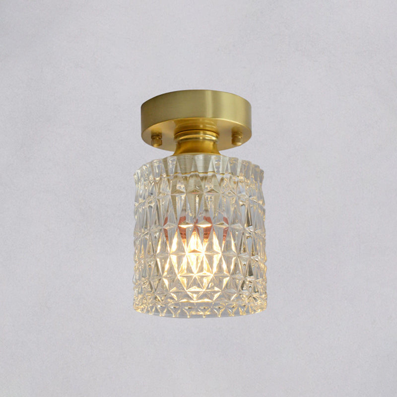 Minimalist Brass 1-Head Ceiling Light with Carved Glass Shade for Corridors