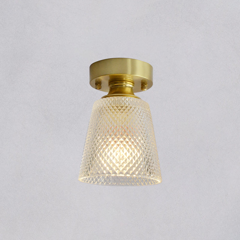 Minimalist Brass 1-Head Ceiling Light with Carved Glass Shade for Corridors