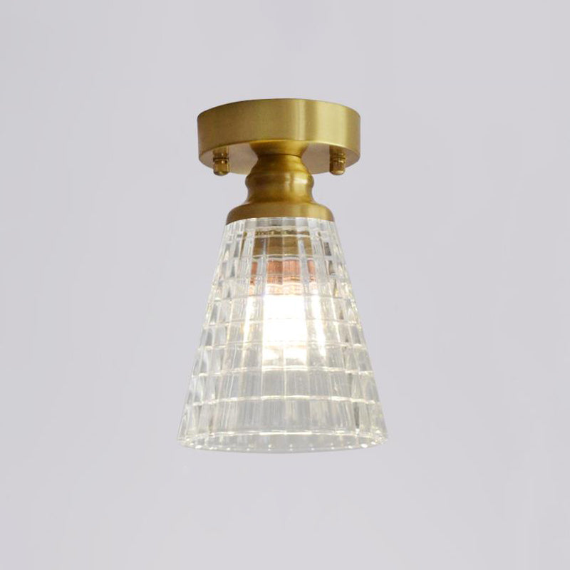 Minimalist Brass 1-Head Ceiling Light with Carved Glass Shade for Corridors