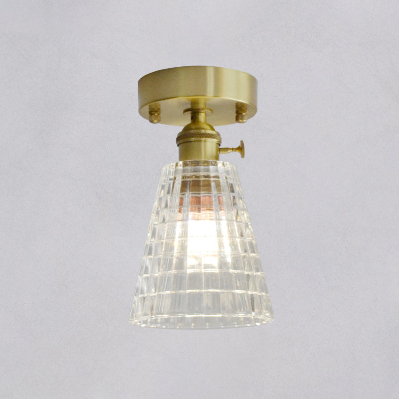 Minimalist Brass 1-Head Ceiling Light with Carved Glass Shade for Corridors