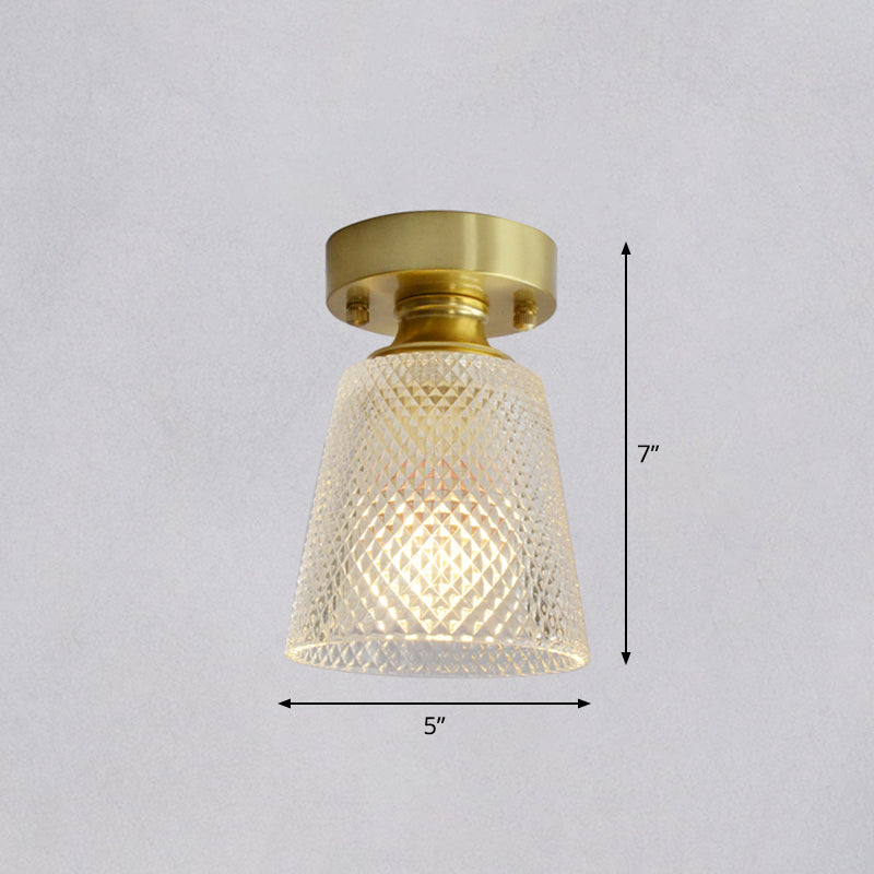 Minimalist Brass 1-Head Ceiling Light with Carved Glass Shade for Corridors