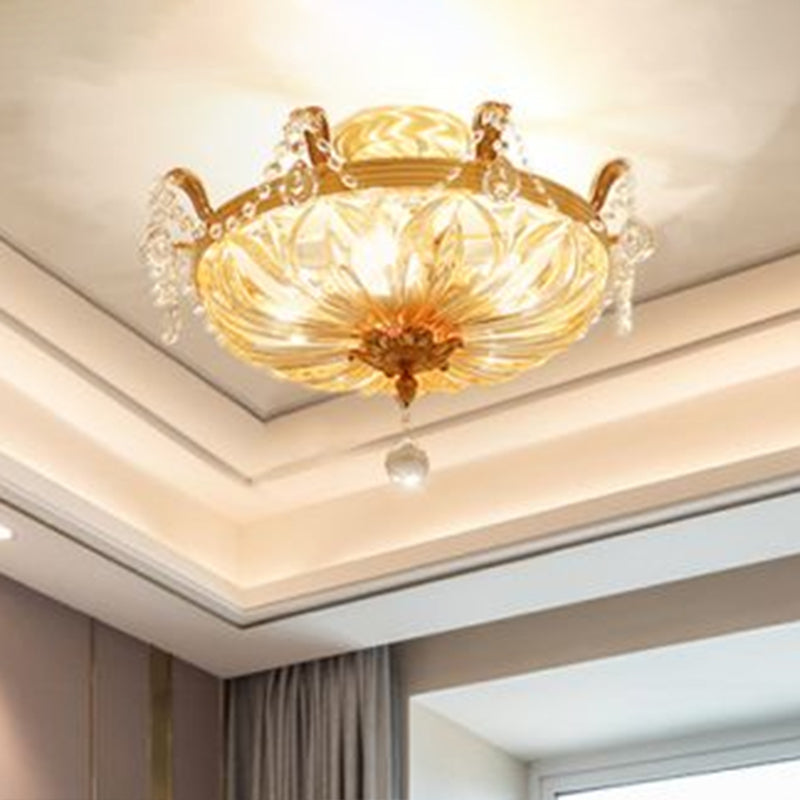Vintage Brass Semi Flush Mount Ceiling Light with Amber Glass - 5-Light Shaded Flush Lighting for Living Room