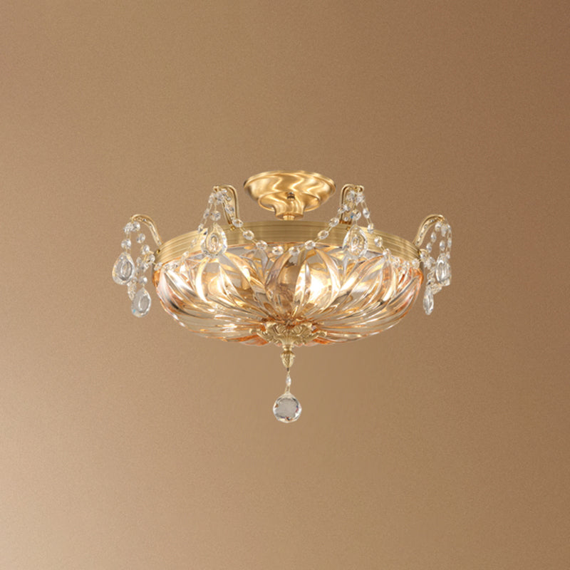 Vintage Brass Semi Flush Mount Ceiling Light with Amber Glass - 5-Light Shaded Flush Lighting for Living Room