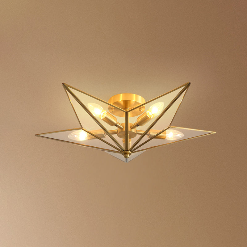 Vintage Brass Semi Flush Mount Ceiling Light with Amber Glass - 5-Light Shaded Flush Lighting for Living Room