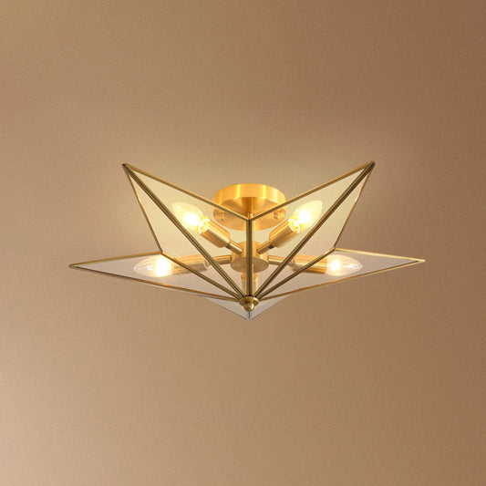 Vintage Brass Semi Flush Mount Ceiling Light with Amber Glass - 5-Light Shaded Flush Lighting for Living Room