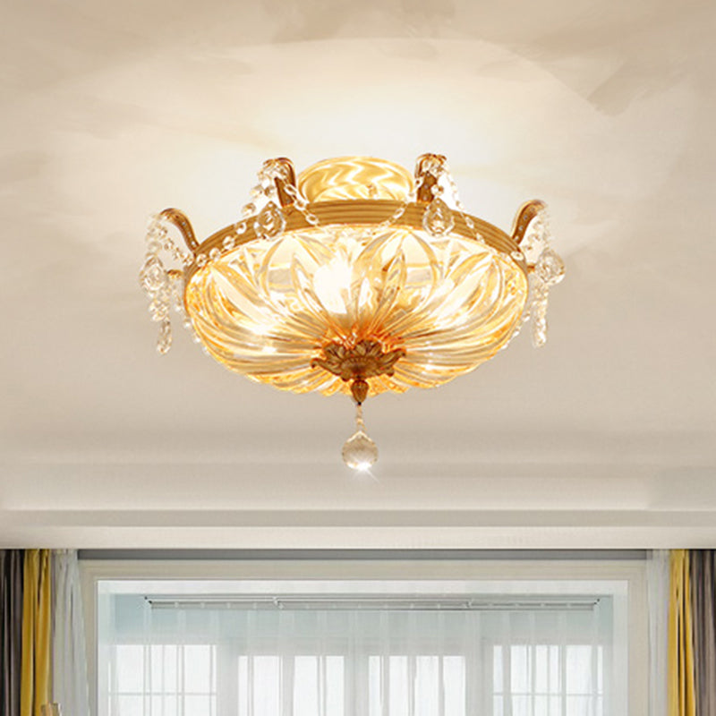 Vintage Brass Semi Flush Mount Ceiling Light with Amber Glass - 5-Light Shaded Flush Lighting for Living Room