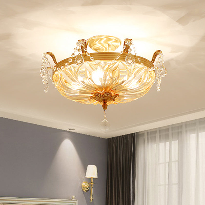 Vintage Brass Semi Flush Mount Ceiling Light with Amber Glass - 5-Light Shaded Flush Lighting for Living Room