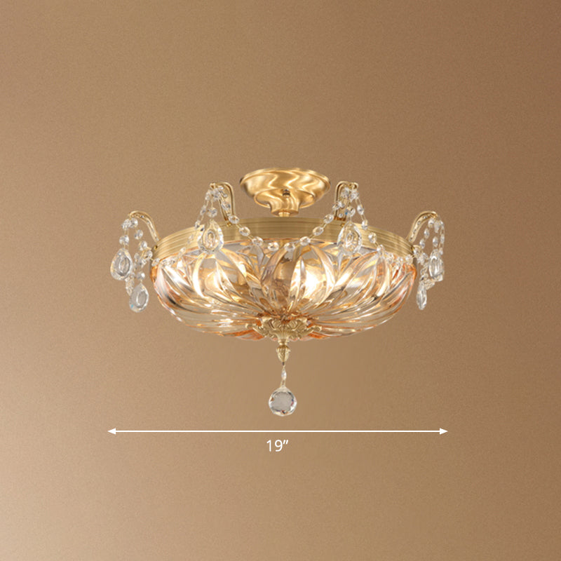 Vintage Brass Semi Flush Mount Ceiling Light with Amber Glass - 5-Light Shaded Flush Lighting for Living Room