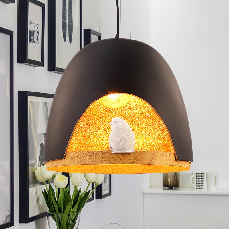 Contemporary Dome Pendant Light with Nest and Bird Design - Resin Hanging Lamp Fixture (White/Black)