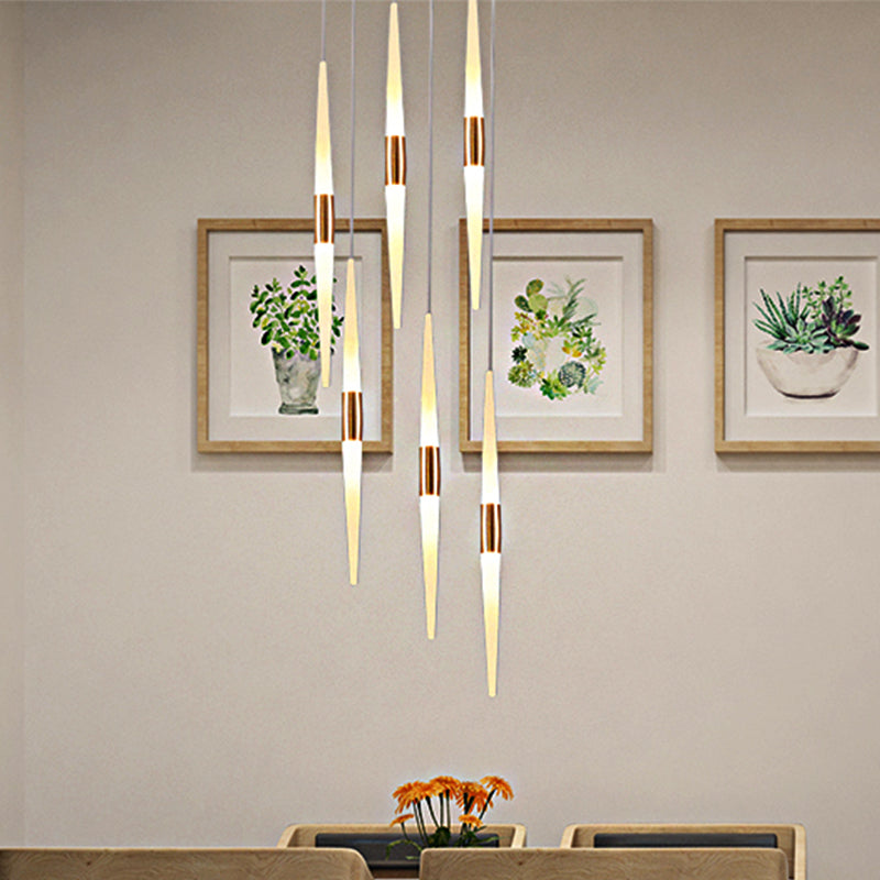 Modernist Acrylic Flute Pendant Light with Cluster Design - 5/6 Lights, White Finish - Ceiling Hanging Lamp Fixture with Round/Linear Canopy in White/Warm Light