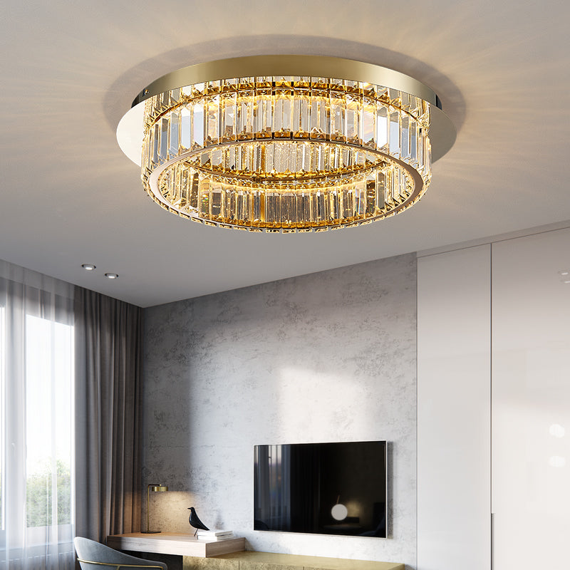 Modern Gold Flushmount Ceiling Light for Bedroom, with Prismatic K9 Crystal and Circle Design