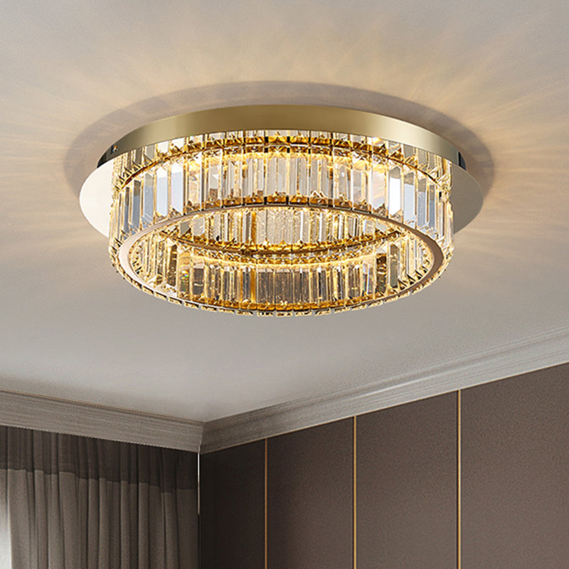 Modern Gold Flushmount Ceiling Light for Bedroom, with Prismatic K9 Crystal and Circle Design