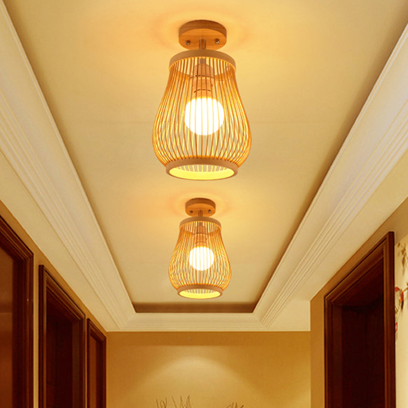 Cage Style Asian Bamboo Ceiling Light - Wood Semi Flush Single-Bulb Aisle Mounted