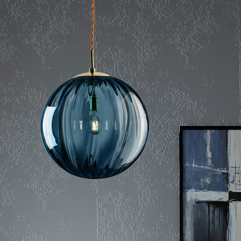 Sleek Sphere Pendant Light: Modern Blue/Purple/Smoky Ribbed Glass, LED Ceiling Lamp for Bedroom