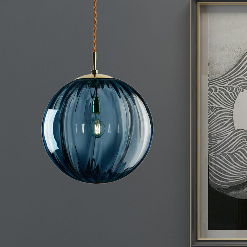 Sleek Sphere Pendant Light: Modern Blue/Purple/Smoky Ribbed Glass, LED Ceiling Lamp for Bedroom
