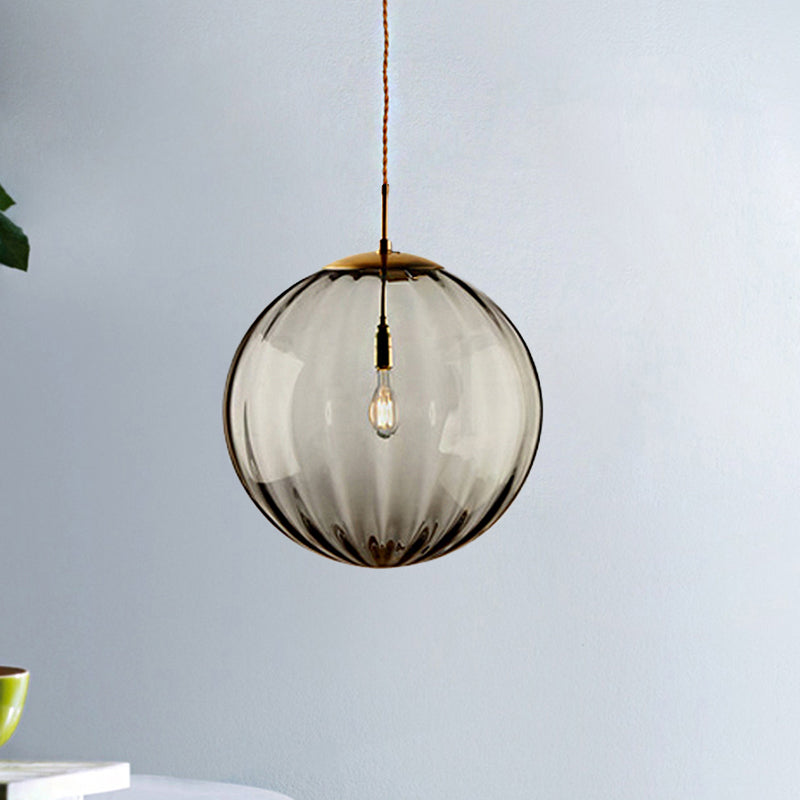 Sleek Sphere Pendant Light: Modern Blue/Purple/Smoky Ribbed Glass, LED Ceiling Lamp for Bedroom
