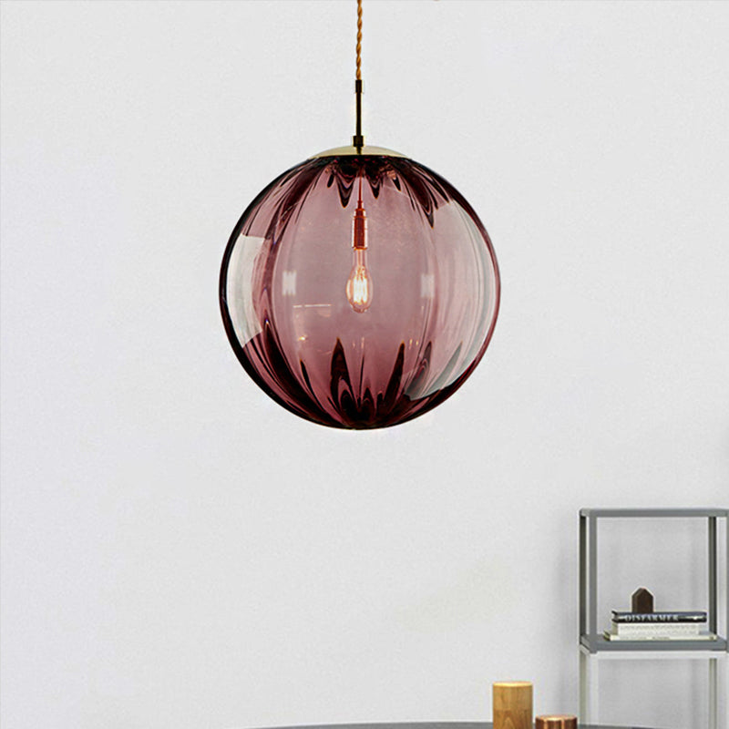 Sleek Sphere Pendant Light: Modern Blue/Purple/Smoky Ribbed Glass, LED Ceiling Lamp for Bedroom