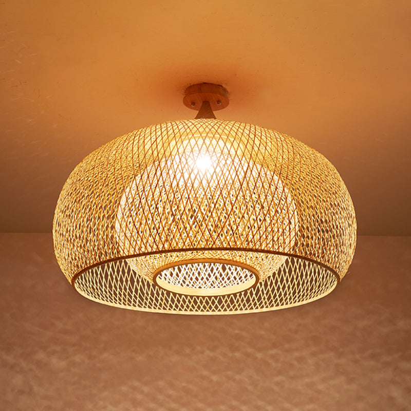 Bamboo Criss-Cross Ceiling Lamp: Asian Wood Flush Mount Light For Bedroom / Small Dome