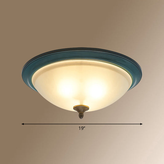 Rustic 3-Light Bedroom Ceiling Lamp: Frosted White Glass Bowl Flush With Blue Accents