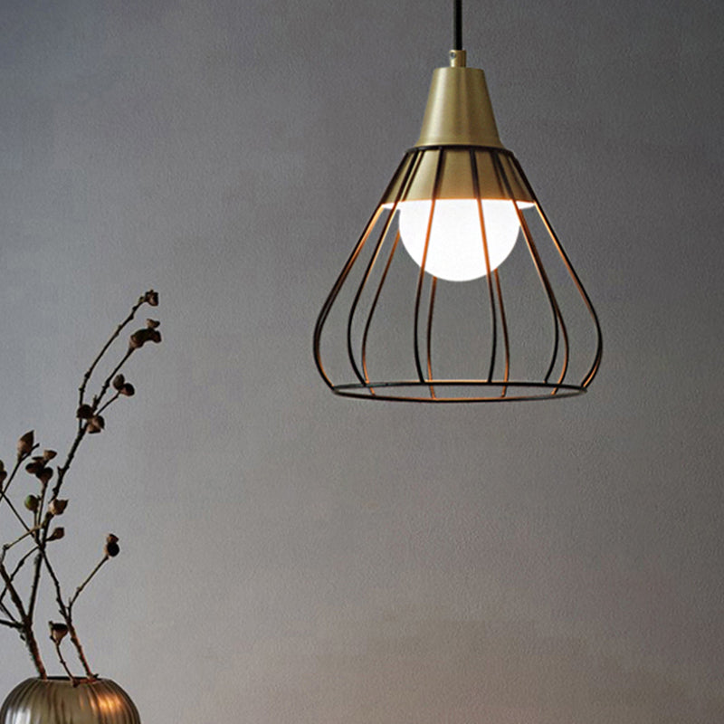 Modern Metal Cone Pendant Light with Wire-Cage Shade - 1 Light, 9"/13" Wide