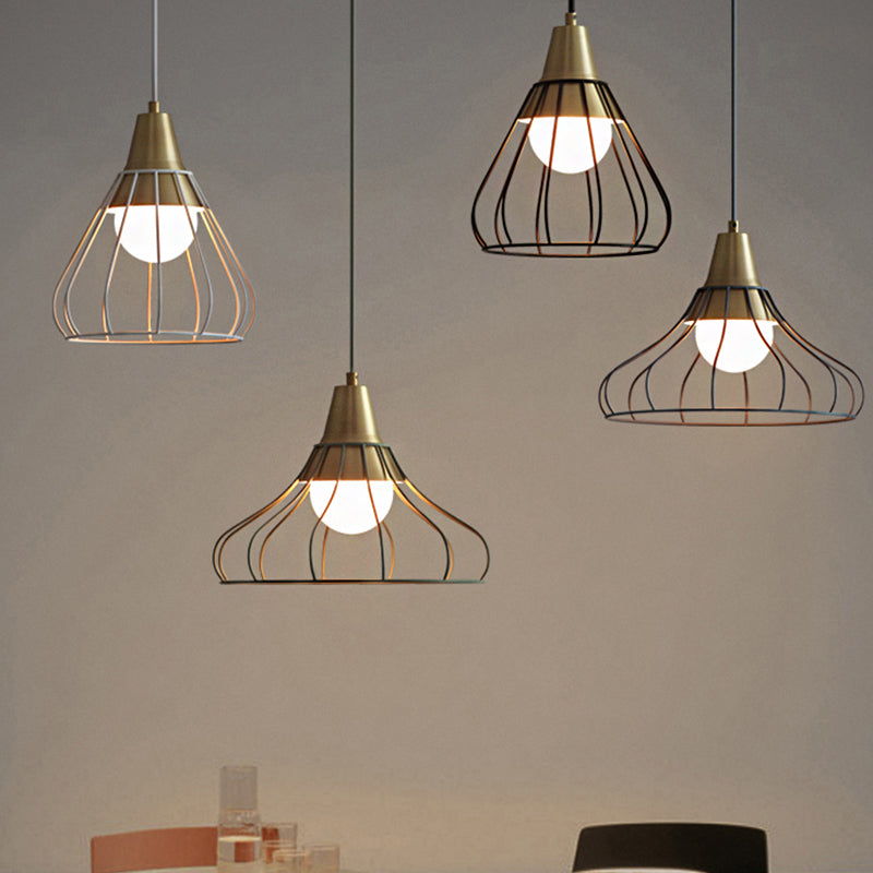 Modern Metal Cone Pendant Light with Wire-Cage Shade - 1 Light, 9"/13" Wide