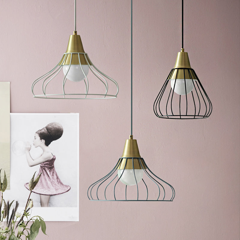 Modern Metal Cone Pendant Light with Wire-Cage Shade - 1 Light, 9"/13" Wide