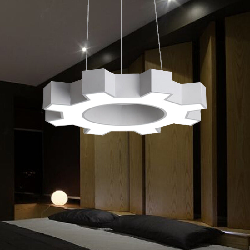 Contemporary Metal LED Pendant Lamp for Gym - Wide Gear Shape, White/Black, White/Warm Light