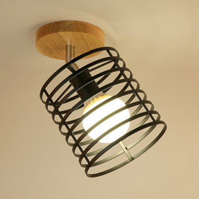 Vintage Industrial Black Ceiling Light Fixture - Metallic Cylinder/Square Cage Design - Bedroom Semi Flush Mount