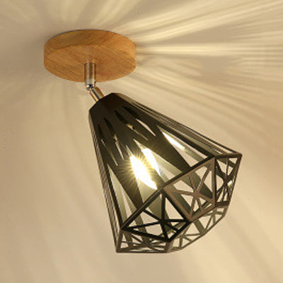 Vintage Industrial Black Ceiling Light Fixture - Metallic Cylinder/Square Cage Design - Bedroom Semi Flush Mount