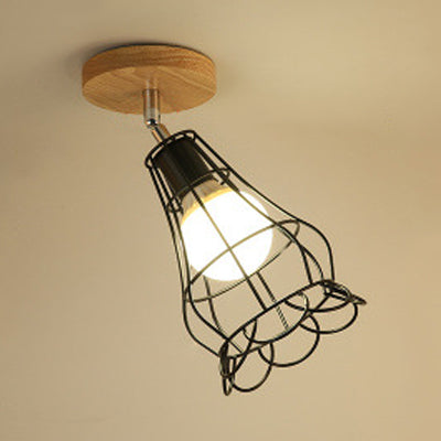 Vintage Industrial Black Ceiling Light Fixture - Metallic Cylinder/Square Cage Design - Bedroom Semi Flush Mount