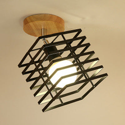 Vintage Industrial Black Ceiling Light Fixture - Metallic Cylinder/Square Cage Design - Bedroom Semi Flush Mount