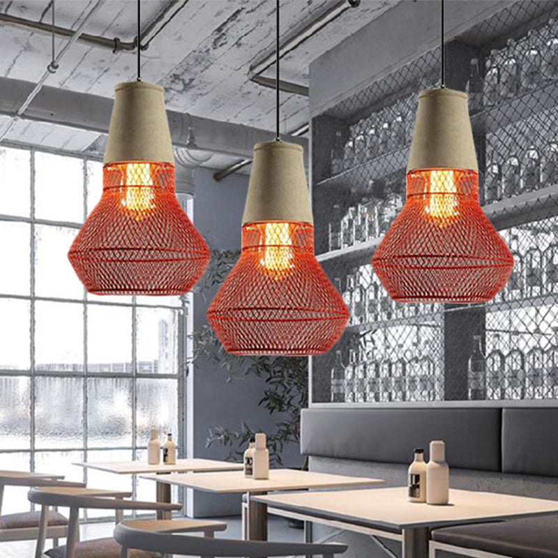 Contemporary Stone Cone Pendant Lamp - Hanging Ceiling Light with Wire-Cage Shade (1 Light) for Restaurants - Black/Red