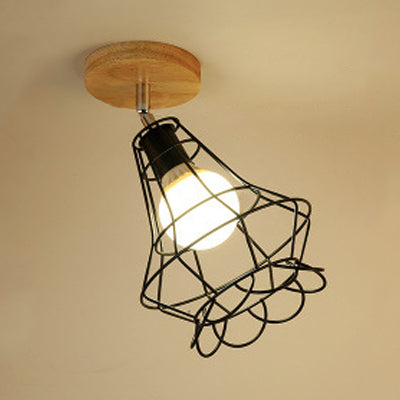 Vintage Industrial Black Ceiling Light Fixture - Metallic Cylinder/Square Cage Design - Bedroom Semi Flush Mount