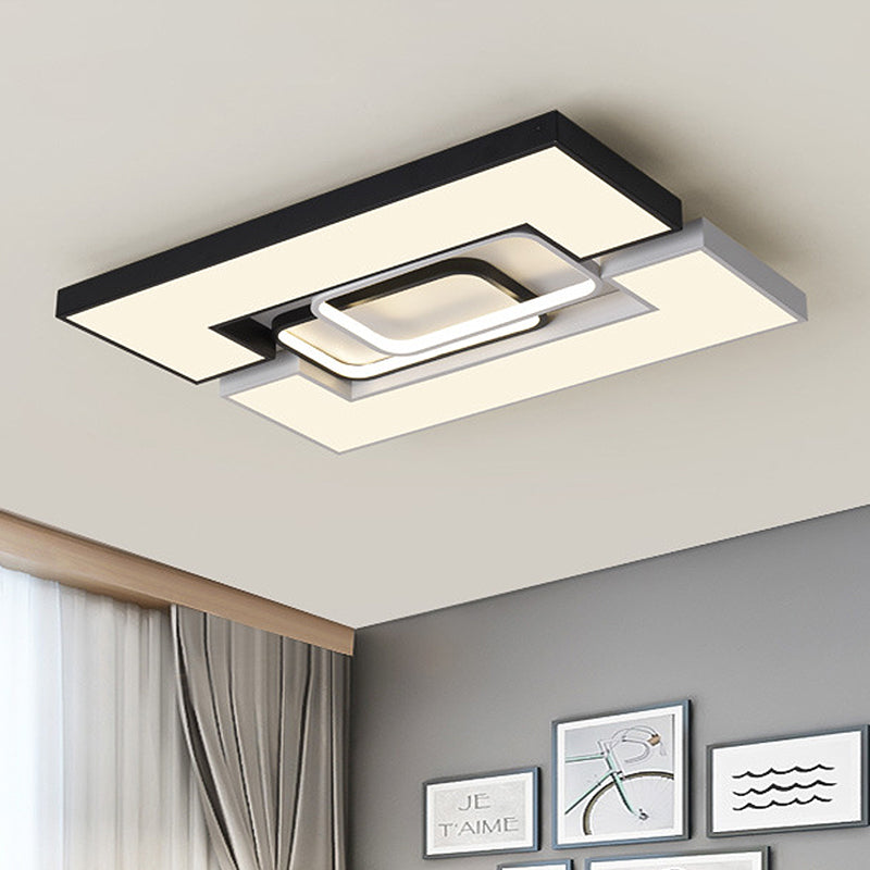 Plafonnier carré/rectangulaire moderne en métal - Plafonnier LED large de 22"/31,5" noir/blanc avec diffuseur encastré - Lumière blanche/chaude