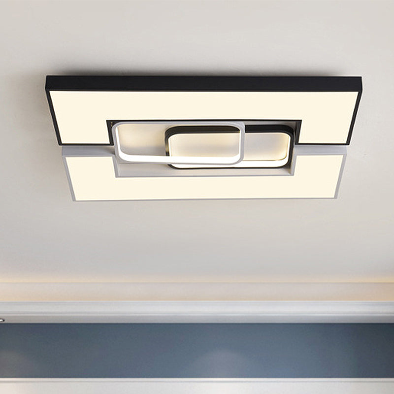 Plafonnier carré/rectangulaire moderne en métal - Plafonnier LED large de 22"/31,5" noir/blanc avec diffuseur encastré - Lumière blanche/chaude