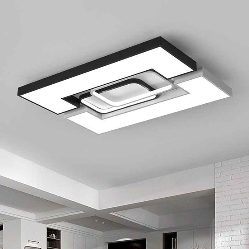 Plafonnier carré/rectangulaire moderne en métal - Plafonnier LED large de 22"/31,5" noir/blanc avec diffuseur encastré - Lumière blanche/chaude