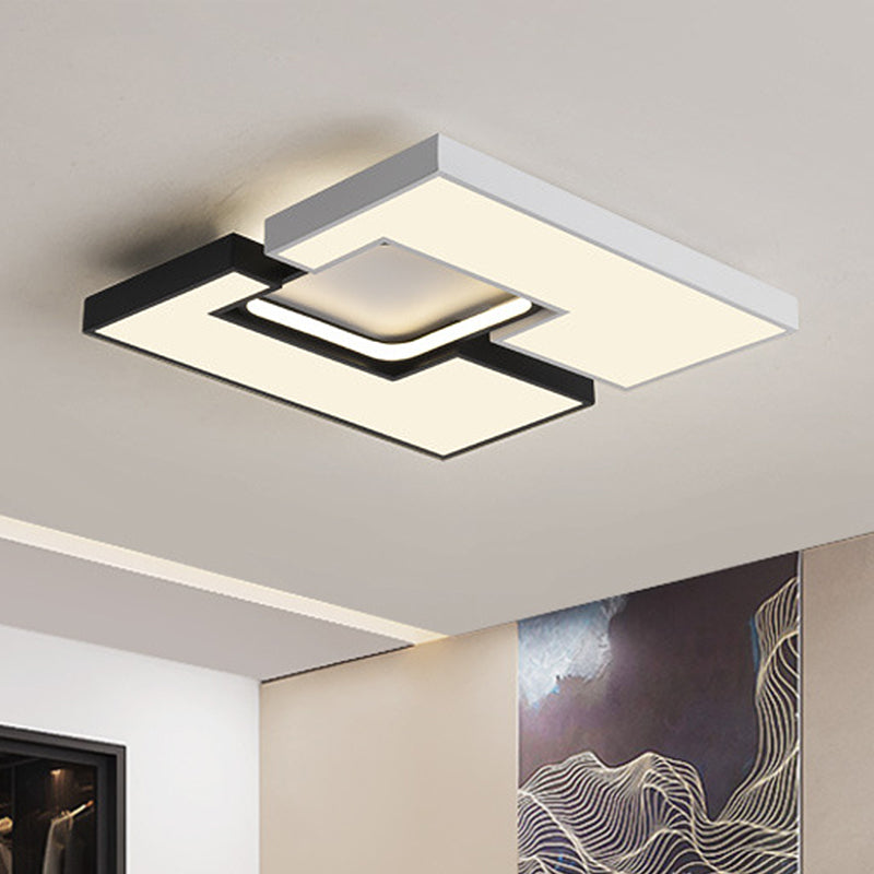 Plafonnier carré/rectangulaire moderne en métal - Plafonnier LED large de 22"/31,5" noir/blanc avec diffuseur encastré - Lumière blanche/chaude