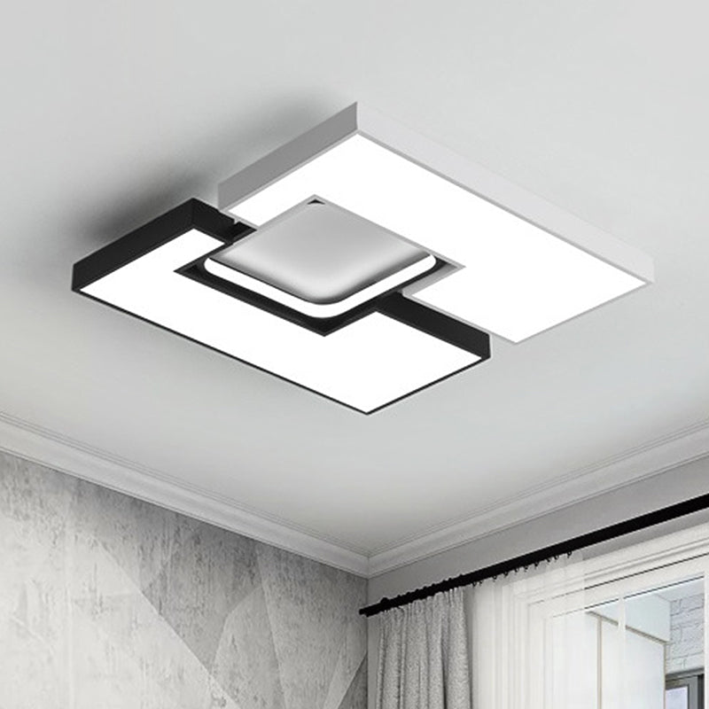 Plafonnier carré/rectangulaire moderne en métal - Plafonnier LED large de 22"/31,5" noir/blanc avec diffuseur encastré - Lumière blanche/chaude