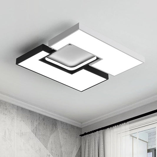 Modern Metal Square/Rectangular Flush Mount Lamp - Black/White 22"/31.5" Wide LED Ceiling Fixture with Recessed Diffuser - White/Warm Light
