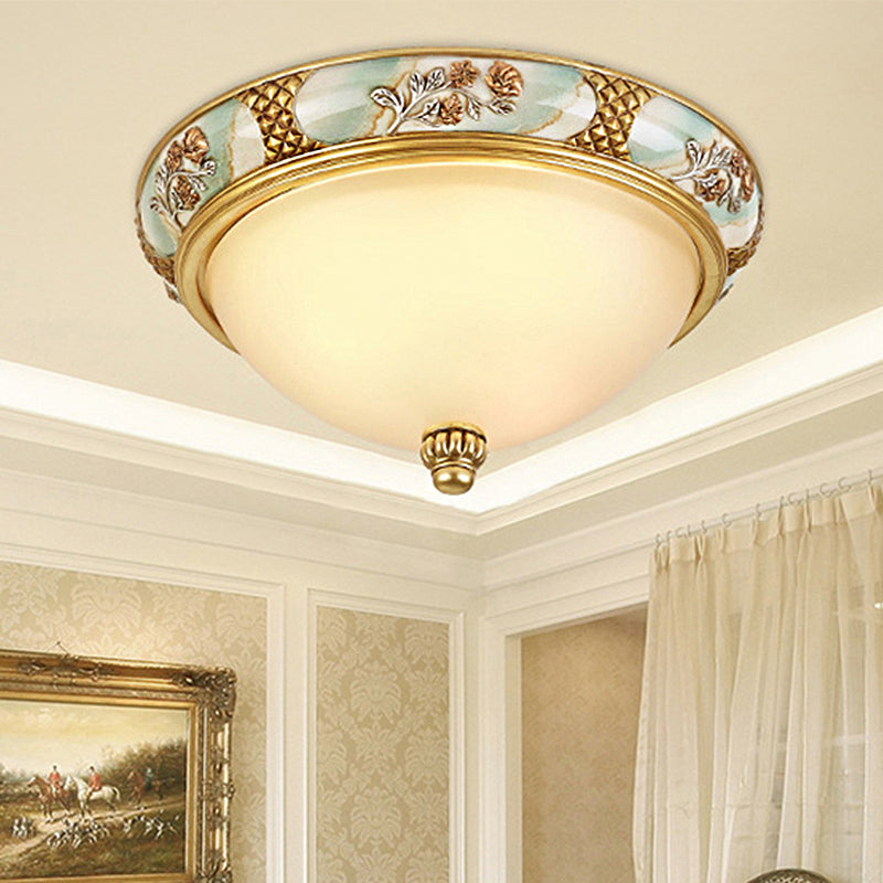 Traditional Brass Bowl Shaped Flushmount Light - Frosted Glass, 3 Lights, 15"/19" Wide