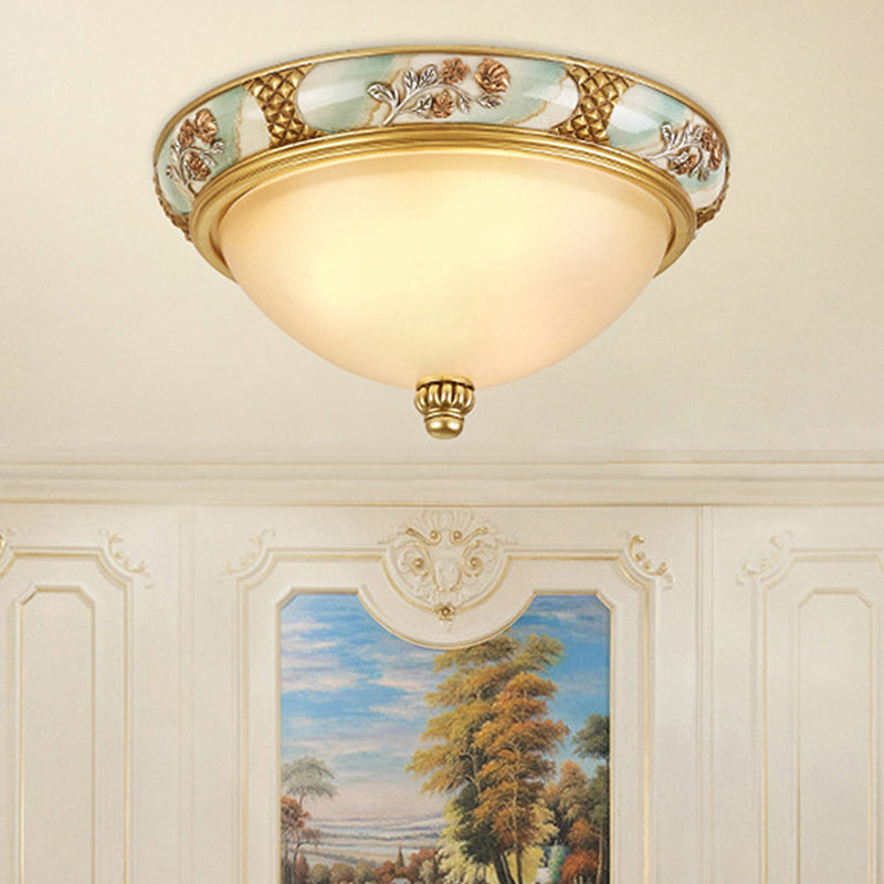 Traditional Brass Bowl Shaped Flushmount Light - Frosted Glass, 3 Lights, 15"/19" Wide